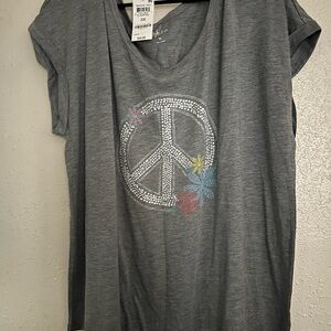 Style & Co. Gray Tee with Peace Sign and Floral Design